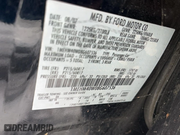 2008 Mercury Sable с VIN 1MEHM40W08G607536, выставлен на аукционе Copart как лот 45011775 с пробегом Не указан миль и Чистый • Clean title. История ставок и продаж доступна на DreamBid. Изображение 12.