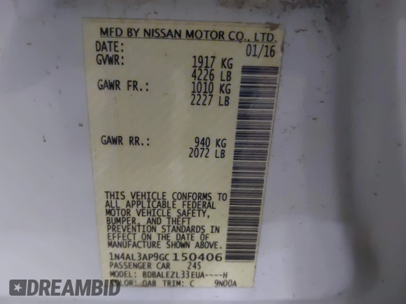 2016 Nissan Altima SR with VIN 1N4AL3AP9GC150406, listed as a IAAI auction lot 42122965 with 168,955 mi miles and . Bid and sale history available at carsss.com. Image 9.