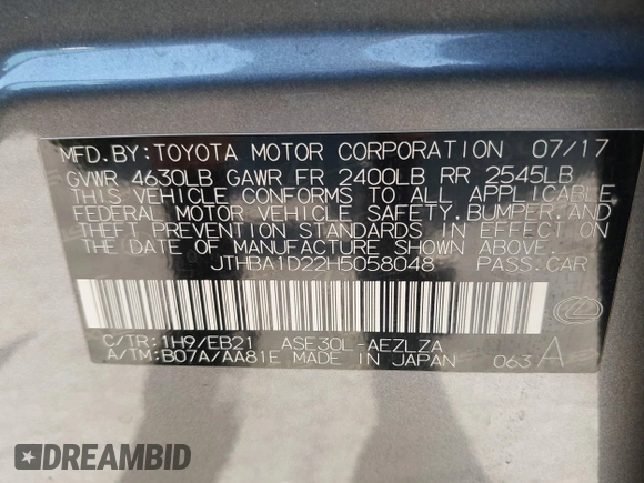 2017 Lexus IS 200t with VIN JTHBA1D22H5058048, listed as a IAAI auction lot 42537714 with 86,299 mi miles and . Bid and sale history available at DreamBid. Image 9.