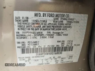2008 Ford Taurus SEL with VIN 1FAHP24W48G160030, listed as a IAAI auction lot 40360871 with 194,674 mi miles. Bid and sale history available at carsss.com. Image 9.