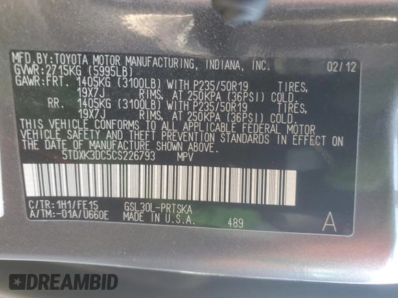 2012 Toyota Sienna SE with VIN 5TDXK3DC5CS226793, listed as a Copart auction lot 46848205 with 135,291 mi miles and Salvage title. Bid and sale history available at DreamBid. Image 13.