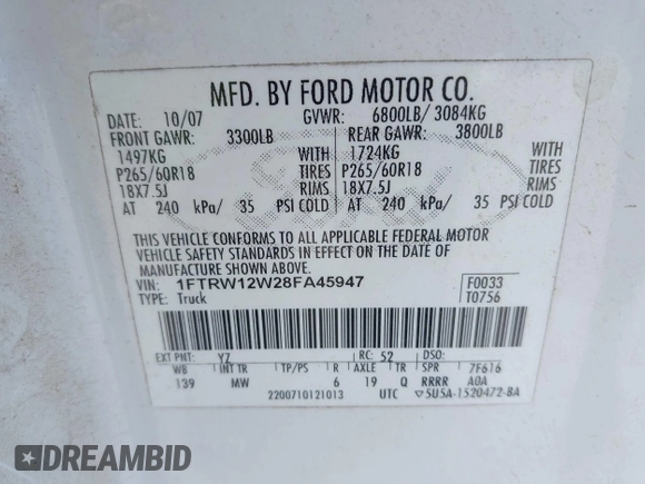 2008 Ford F-150 XL with VIN 1FTRW12W28FA45947, listed as a IAAI auction lot 42530629 with 259,844 mi miles and . Bid and sale history available at DreamBid. Image 9.