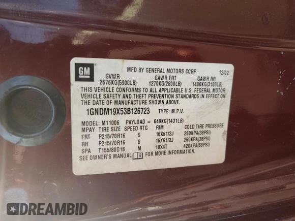 2003 Chevrolet Astro z VIN 1GNDM19X53B126723, wystawiony jako Copart lot #73498964 z przebiegiem 250 015 mil mil oraz Nie do naprawy • Non repairable. Historia ofert i sprzedaży dostępna na DreamBid. Obrazek 13.