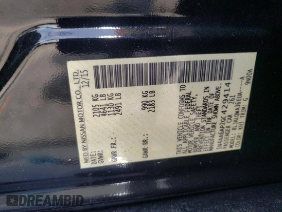 2016 Nissan Maxima Platinum with VIN 1N4AA6AP2GC429414, listed as a Copart auction lot 60071805 with 87,122 mi miles and Non repairable. Bid and sale history available at DreamBid. Image 12.