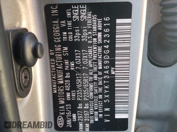 2013 Kia Sorento LX с VIN 5XYKT3A69DG423616, выставлен на аукционе Copart как лот 42883765 с пробегом 207 984 миль миль и Списание • Salvage title. История ставок и продаж доступна на DreamBid. Изображение 15.