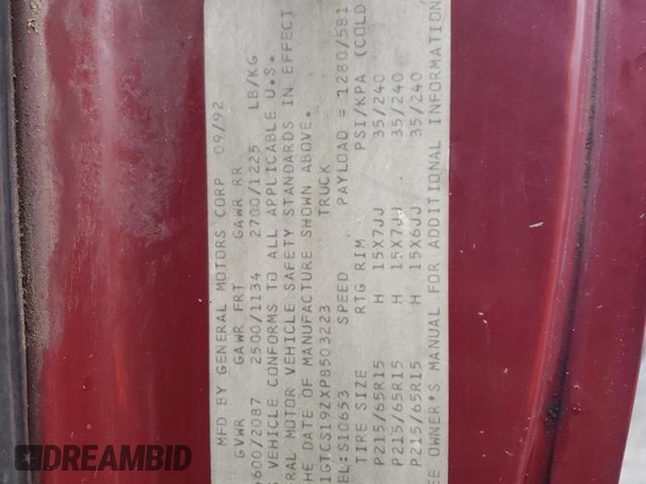 1993 GMC Sonoma z VIN 1GTCS19ZXP8503223, wystawiony jako Copart lot #86344214 z przebiegiem 175 849 mil mil oraz Szkody całkowita. Historia ofert i sprzedaży dostępna na DreamBid. Obrazek 14.