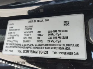 2021 Tesla Model 3 Long Range with VIN 5YJ3E1EB4MF064631, listed as a IAAI auction lot 41424856 with 95,511 mi miles and . Bid and sale history available at DreamBid. Image 9.