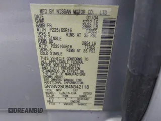 2004 Nissan Quest S z VIN 5N1BV28U84N342118, wystawiony jako IAAI lot #41298573 z przebiegiem Nie podano mil oraz . Historia ofert i sprzedaży dostępna na DreamBid. Obrazek 9.