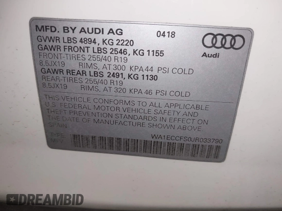 2018 Audi Q3 Premium with VIN WA1ECCFS0JR033790, listed as a IAAI auction lot 42179609 with 45,548 mi miles and . Bid and sale history available at DreamBid. Image 9.