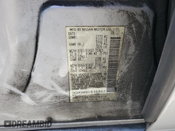 2012 Nissan Pathfinder S z VIN 5N1AR1NB9CC636862, wystawiony jako Copart lot #56337645 z przebiegiem 221 304 mil mil oraz Szkoda całkowita • Salvage title. Historia ofert i sprzedaży dostępna na DreamBid. Obrazek 14.