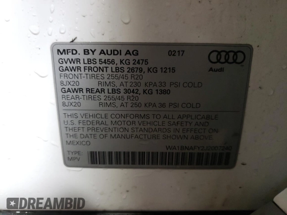 2018 Audi Q5 Premium Plus with VIN WA1BNAFY2J2007240, listed as a Copart auction lot 88902905 with 83,180 mi miles and Salvage Title. Bid and sale history available at carsss.com. Image 12.