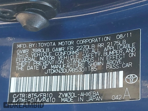 2011 Toyota Prius I with VIN JTDKN3DU9B5301185, listed as a IAAI auction lot 41988267 with 191,414 mi miles and . Bid and sale history available at DreamBid. Image 9.