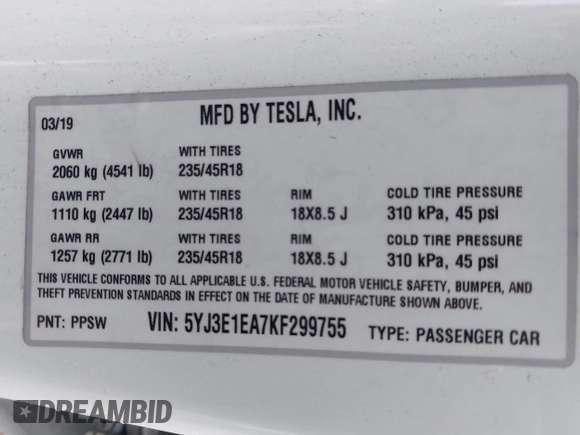 2019 Tesla Model 3 Mid Range z VIN 5YJ3E1EA7KF299755, wystawiony jako IAAI lot #42354352 z przebiegiem Nie podano mil oraz . Historia ofert i sprzedaży dostępna na DreamBid. Obrazek 8.