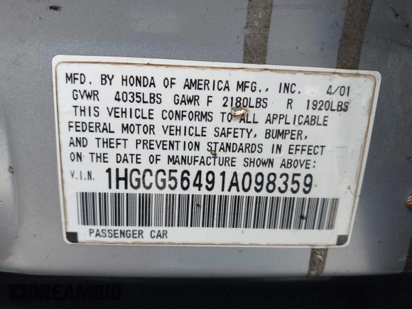 2001 Honda Accord LX z VIN 1HGCG56491A098359, wystawiony jako IAAI lot #42021768 z przebiegiem 122 121 mil mil oraz . Historia ofert i sprzedaży dostępna na DreamBid. Obrazek 9.