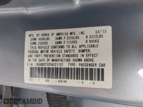 2015 Acura TLX V6 with VIN 19UUB2F32FA021137, listed as a IAAI auction lot 42733315 with 113,486 mi miles and . Bid and sale history available at DreamBid. Image 9.