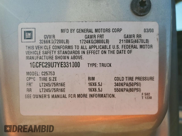 2000 Chevrolet Silverado 2500 LS z VIN 1GCFC29U7YE331000, wystawiony jako Copart lot #47569685 z przebiegiem 350 282 mil mil oraz Szkoda całkowita • Salvage title. Historia ofert i sprzedaży dostępna na DreamBid. Obrazek 14.