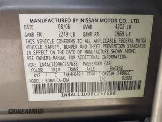 2006 Nissan Altima S with VIN 1N4AL11D96C257688, listed as a IAAI auction lot 42125335 with 167,753 mi miles and . Bid and sale history available at DreamBid. Image 9.