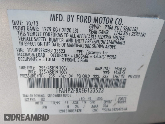 2014 Ford Taurus Limited with VIN 1FAHP2F8XEG133523, listed as a IAAI auction lot 40285220 with 134,939 mi miles. Bid and sale history available at carsss.com. Image 9.