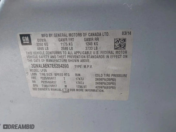2014 Chevrolet Equinox LS with VIN 2GNALAEK7E6284390, listed as a IAAI auction lot 41972520 with 98,560 mi miles. Bid and sale history available at carsss.com. Image 9.