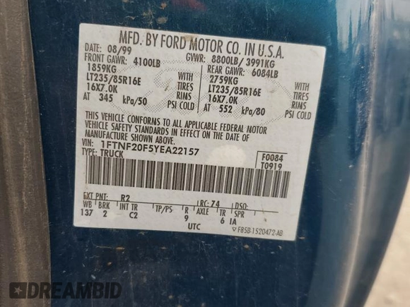 2000 Ford Super Duty F-250 XL with VIN 1FTNF20F5YEA22157, listed as a Copart auction lot 45497565 with 209,022 mi miles and Salvage Title. Bid and sale history available at carsss.com. Image 12.