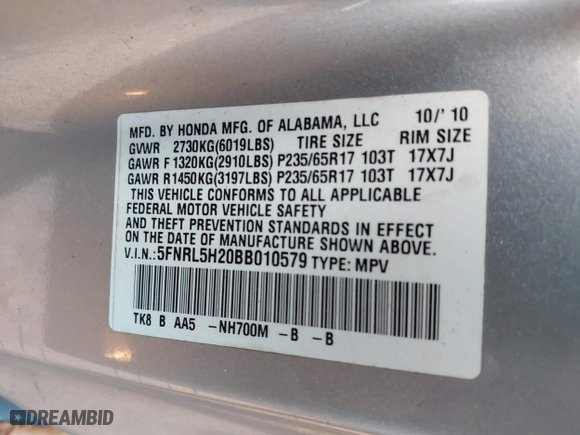 2011 Honda Odyssey LX with VIN 5FNRL5H20BB010579, listed as a IAAI auction lot 41217858 with 209,353 mi miles. Bid and sale history available at carsss.com. Image 9.
