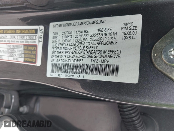 2020 Acura RDX with VIN 5J8TC1H39LL006957, listed as a IAAI auction lot 41420436 with 43,215 mi miles and . Bid and sale history available at DreamBid. Image 9.