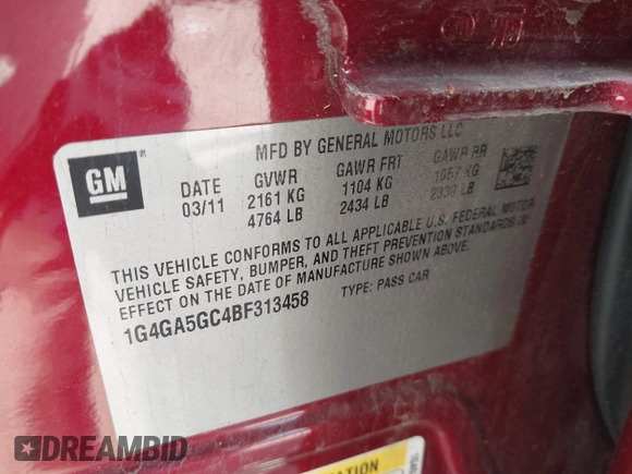 2011 Buick LaCrosse with VIN 1G4GA5GC4BF313458, listed as a IAAI auction lot 42583205 with 116,752 mi miles and . Bid and sale history available at DreamBid. Image 9.