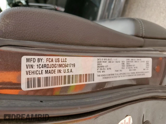 2021 Dodge Durango GT Plus with VIN 1C4RDJDG1MC641719, listed as a Copart auction lot 57063505 with 73,689 mi miles and Salvage title. Bid and sale history available at DreamBid. Image 13.