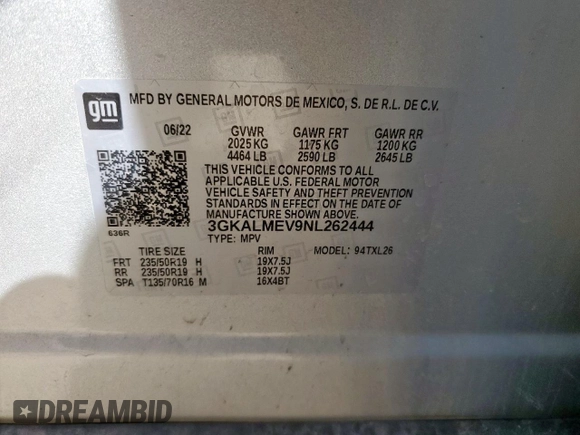 2022 GMC Terrain SLE с VIN 3GKALMEV9NL262444, выставлен на аукционе Copart как лот 56819785 с пробегом 41 298 миль миль и Списание • Salvage title. История ставок и продаж доступна на DreamBid. Изображение 12.