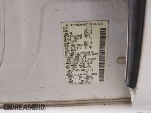 2005 Nissan Frontier LE with VIN 1N6AD07W95C405781, listed as a IAAI auction lot 41782375 with 174,910 mi miles and . Bid and sale history available at DreamBid. Image 9.