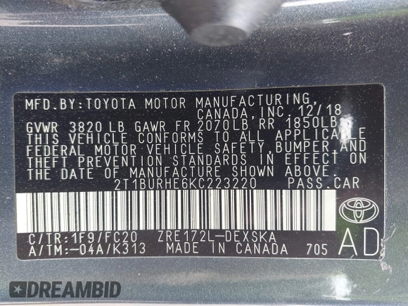 2019 Toyota Corolla L with VIN 2T1BURHE6KC223220, listed as a IAAI auction lot 42005148 with 121,736 mi miles and . Bid and sale history available at DreamBid. Image 9.