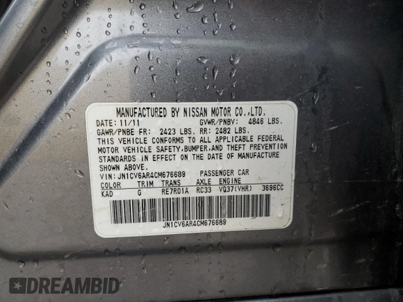 2012 Infiniti G37 x with VIN JN1CV6AR4CM676689, listed as a Copart auction lot 47630275 with Not Provided miles and Salvage Title. Bid and sale history available at DreamBid. Image 12.