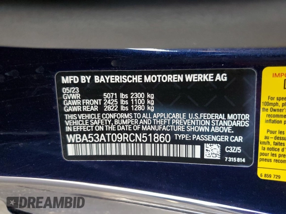 2024 BMW 4 Series M440i with VIN WBA53AT09RCN51860, listed as a Copart auction lot 67140264 with 95 mi miles and Salvage Title. Bid and sale history available at carsss.com. Image 13.