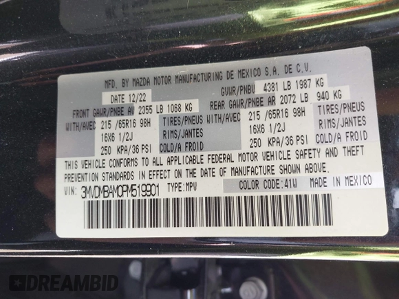 2023 Mazda CX-30 S z VIN 3MVDMBAM0PM519901, wystawiony jako IAAI lot #42255344 z przebiegiem 20 839 mil mil oraz . Historia ofert i sprzedaży dostępna na DreamBid. Obrazek 9.