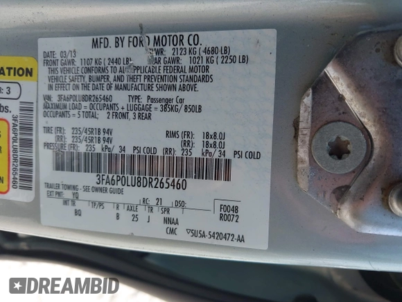 2013 Ford Fusion SE Hybrid z VIN 3FA6P0LU8DR265460, wystawiony jako IAAI lot #42720385 z przebiegiem 146 179 mil mil oraz . Historia ofert i sprzedaży dostępna na DreamBid. Obrazek 9.
