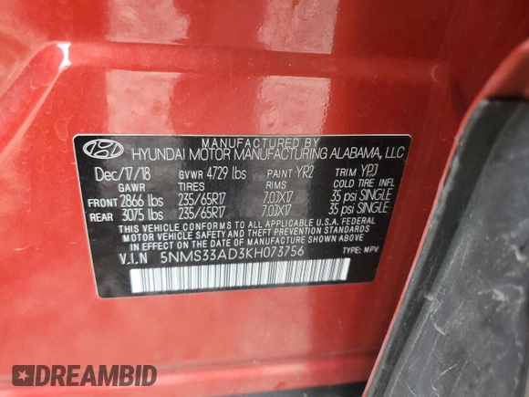 2019 Hyundai Santa Fe SEL with VIN 5NMS33AD3KH073756, listed as a Copart auction lot 53668205 with 99,872 mi miles and Salvage Title. Bid and sale history available at DreamBid. Image 13.