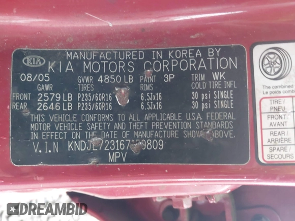 2006 Kia Sportage LX with VIN KNDJE723167159809, listed as a IAAI auction lot 41974464 with 130,822 mi miles and . Bid and sale history available at DreamBid. Image 9.
