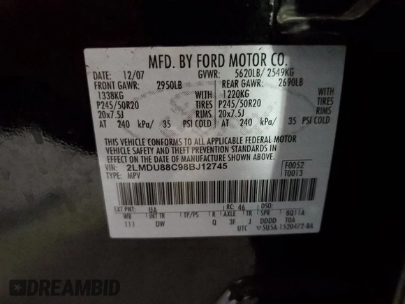 2008 Lincoln MKX with VIN 2LMDU88C98BJ12745, listed as a Copart auction lot 50381385 with 124,532 mi miles and Salvage Title. Bid and sale history available at carsss.com. Image 13.