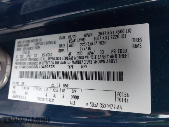 2020 Ford Escape SE с VIN 1FMCU9G60LUA89528, выставлен на аукционе IAAI как лот 42008698 с пробегом 75 056 миль миль и . История ставок и продаж доступна на DreamBid. Изображение 9.