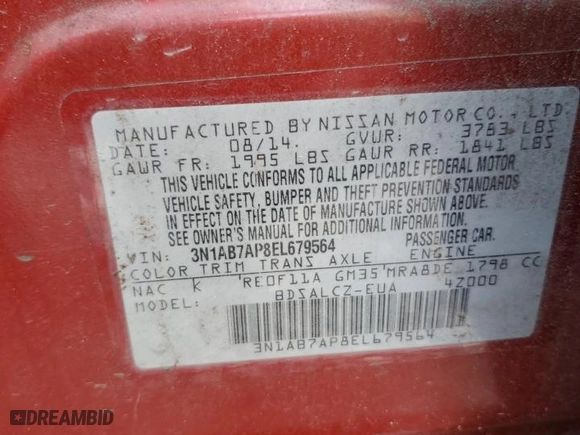 2014 Nissan Sentra S with VIN 3N1AB7AP8EL679564, listed as a Copart auction lot 71080974 with 83,153 mi miles and Salvage Title. Bid and sale history available at carsss.com. Image 14.
