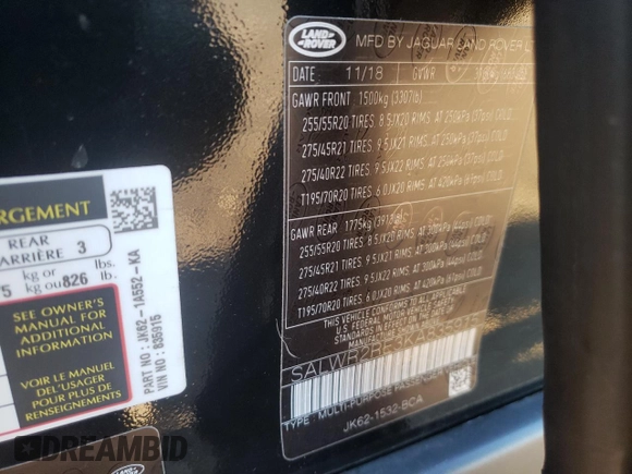 2019 Land Rover Range Rover Sport Dynamic z VIN SALWR2RE3KA835915, wystawiony jako Copart lot #66539783 z przebiegiem 12 882 mil mil oraz Szkody całkowita. Historia ofert i sprzedaży dostępna na DreamBid. Obrazek 13.