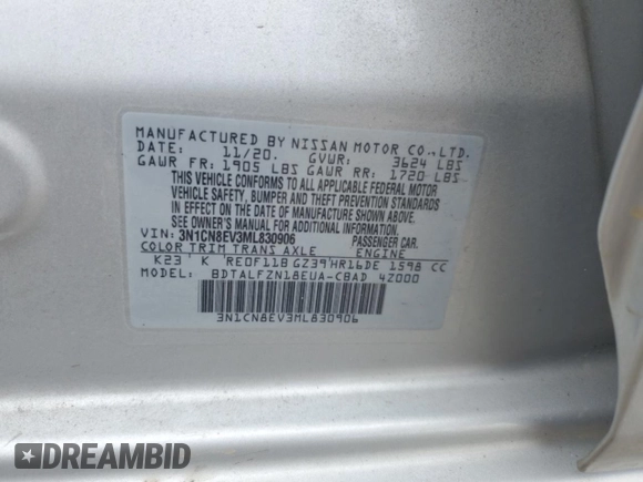 2021 Nissan Versa SV with VIN 3N1CN8EV3ML830906, listed as a Copart auction lot 54612805 with 103,120 mi miles and Salvage title. Bid and sale history available at DreamBid. Image 12.