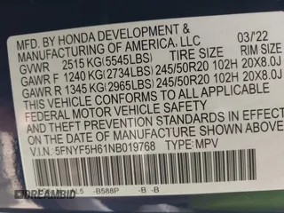 2022 Honda Pilot Touring 7-Passenger with VIN 5FNYF5H61NB019768, listed as a IAAI auction lot 42438780 with Not provided miles and . Bid and sale history available at DreamBid. Image 9.