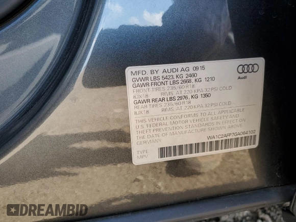 2016 Audi Q5 Premium with VIN WA1C2AFP7GA064102, listed as a Copart auction lot 61835145 with 79,962 mi miles and Salvage title. Bid and sale history available at DreamBid. Image 12.