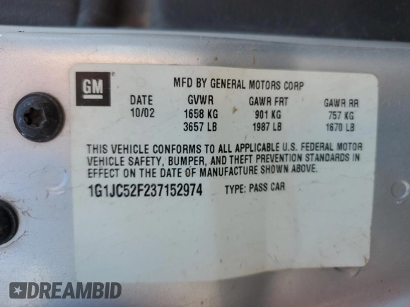 2003 Chevrolet Cavalier with VIN 1G1JC52F237152974, listed as a Copart auction lot 82564354 with 256,255 mi miles and Clean Title. Bid and sale history available at carsss.com. Image 12.