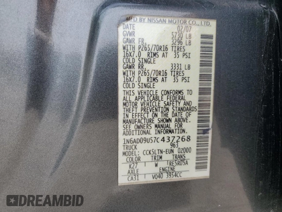 2007 Nissan Frontier SE z VIN 1N6AD09U57C437268, wystawiony jako Copart lot #49835405 z przebiegiem 145 232 mil mil oraz Szkoda całkowita • Salvage title. Historia ofert i sprzedaży dostępna na DreamBid. Obrazek 13.