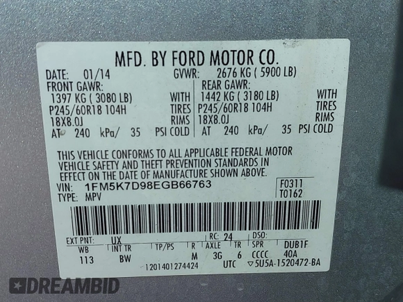 2014 Ford Explorer XLT with VIN 1FM5K7D98EGB66763, listed as a IAAI auction lot 40933042 with 126,929 mi miles and . Bid and sale history available at DreamBid. Image 9.