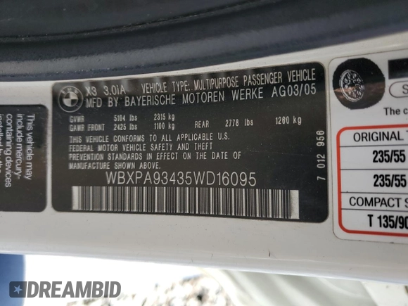 2005 BMW X3 3.0i with VIN WBXPA93435WD16095, listed as a Copart auction lot 48756525 with 207,134 mi miles and Salvage Title. Bid and sale history available at DreamBid. Image 13.