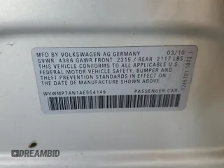 2010 Volkswagen CC Sport with VIN WVWMP7AN1AE554149, listed as a Copart auction lot 78883054 with 124,319 mi miles and Salvage Title. Bid and sale history available at DreamBid. Image 12.