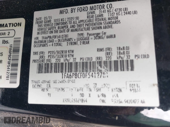 2015 Ford Mustang GT with VIN 1FA6P8CF0F5412781, listed as a IAAI auction lot 42186800 with 113,403 mi miles and . Bid and sale history available at DreamBid. Image 9.